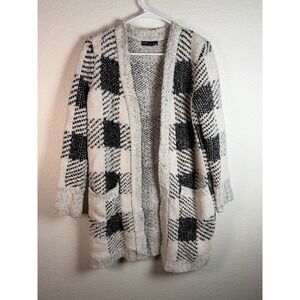 METRIC KNITS Cardigan Womens S Black White Plaid Fuzzy Open Front Long Pockets
